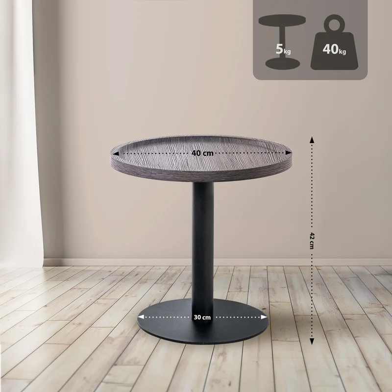 Table d'appoint moderne plateau rond en bois gris Ø40cm design avec pied central en métal noir 10_0009154