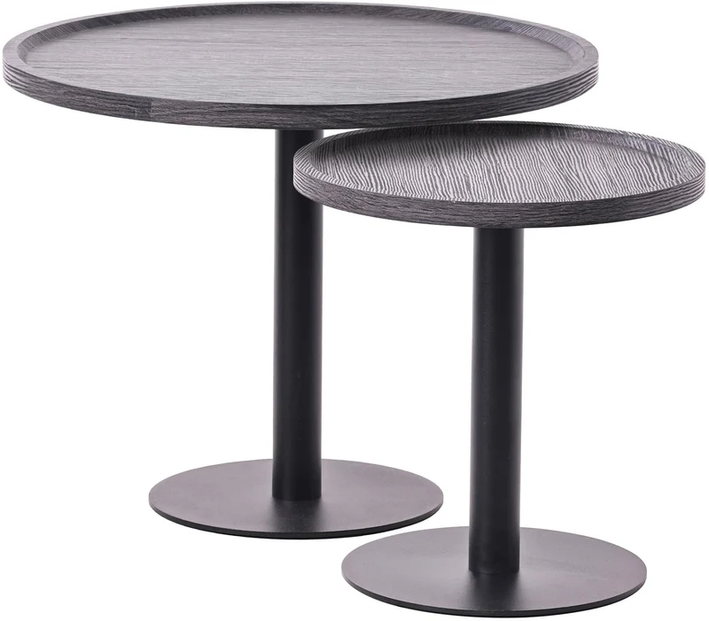 Ensemble de tables d'appoint moderne plateau rond en bois gris Ø60cm et Ø40cm pied central en métal noir 10_0009153