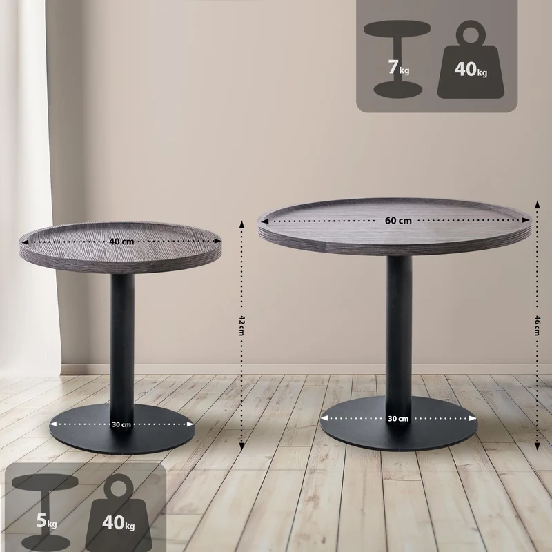 Ensemble de tables d'appoint moderne plateau rond en bois gris Ø60cm et Ø40cm pied central en métal noir 10_0009153