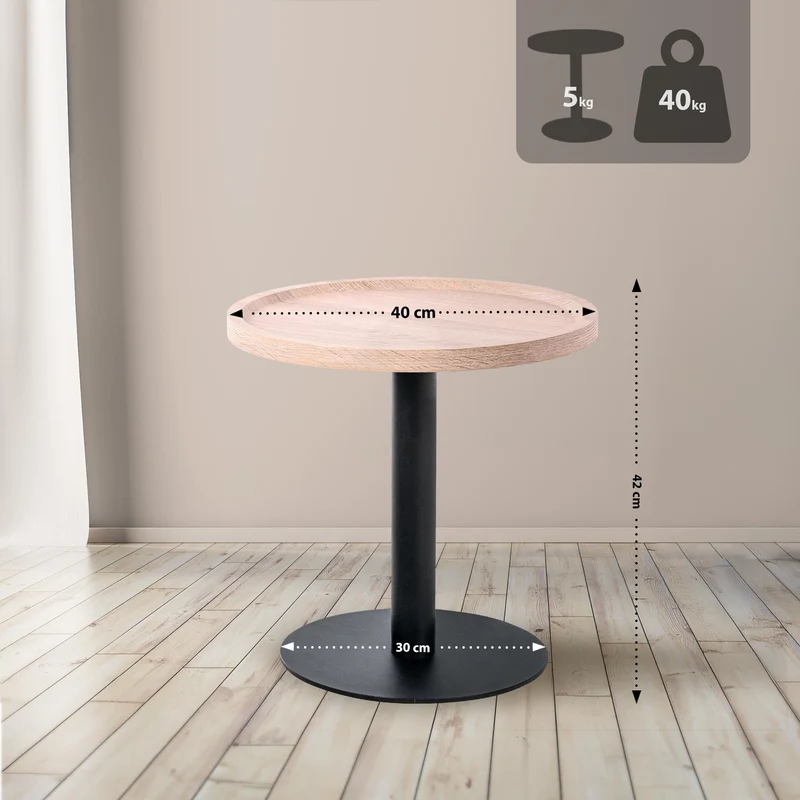 Table d'appoint moderne plateau rond en bois couleur chêne Ø40cm design avec pied central en métal noir 10_0009150