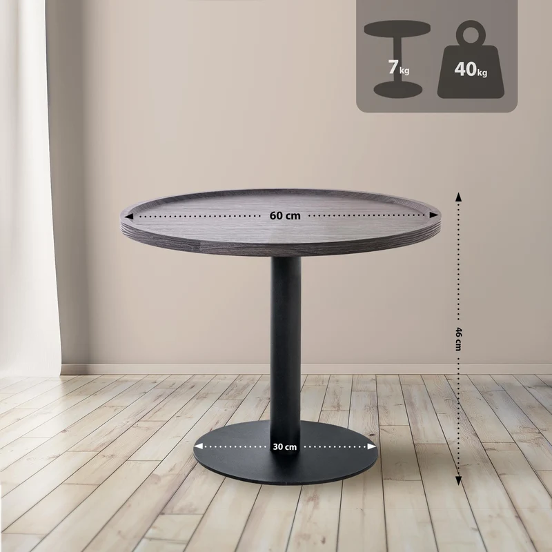 Table d'appoint moderne plateau rond en bois gris Ø60cm design avec pied central en métal noir 10_0009149