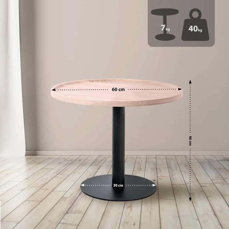 Table d'appoint moderne plateau rond en bois couleur chêne Ø60cm design avec pied central en métal noir 10_0009148
