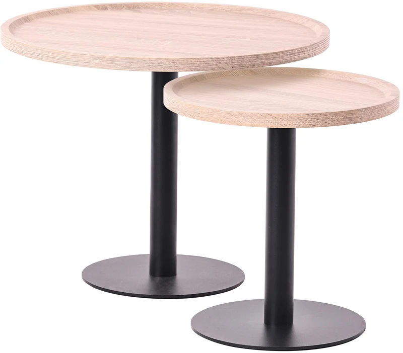 Ensemble de tables d'appoint moderne plateau rond en bois couleur chêne Ø60cm et Ø40cm pied central en métal noir 10_0009145