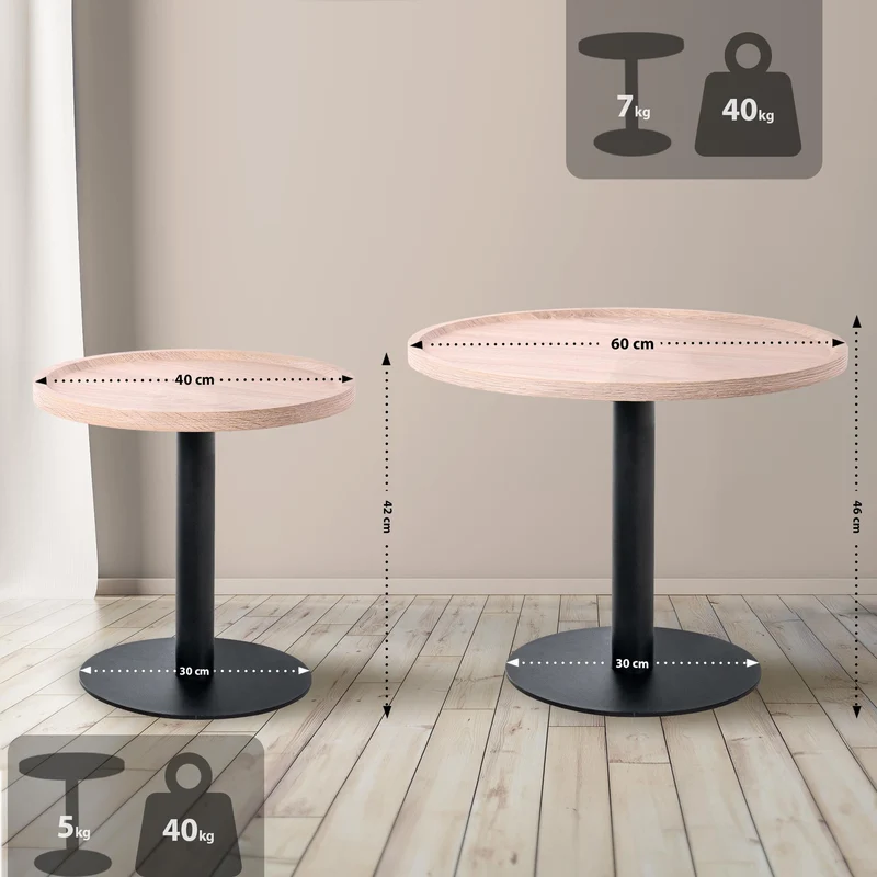 Ensemble de tables d'appoint moderne plateau rond en bois couleur chêne Ø60cm et Ø40cm pied central en métal noir 10_0009145