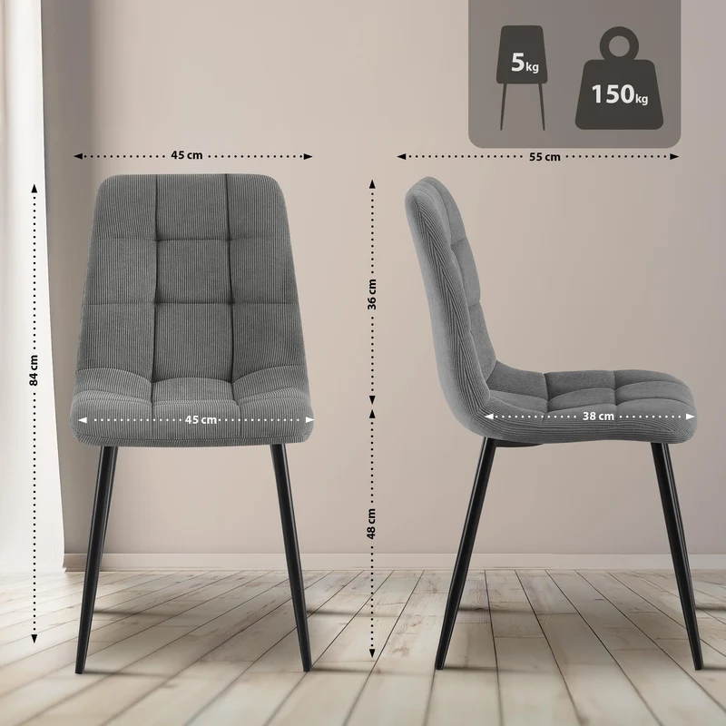 Lot de 4 chaises de salle à manger coutures décoratives carrées en velours côtelé gris et métal noir 10_0007667