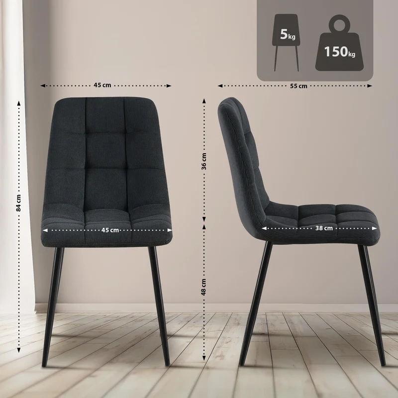 Lot de 4 chaises de salle à manger coutures décoratives carrées en velours côtelé noir et métal noir 10_0007642