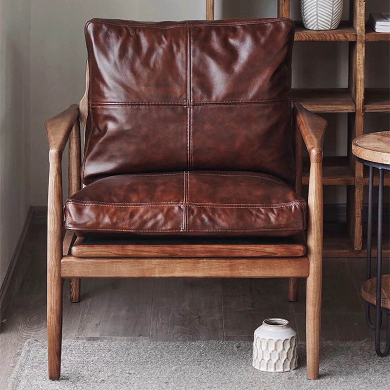 Traditional Japanese Faux Oil-Wax Leather Wood Square Straight-Edge Accent Chair With Backrest Armrests For Bedroom & Living Room