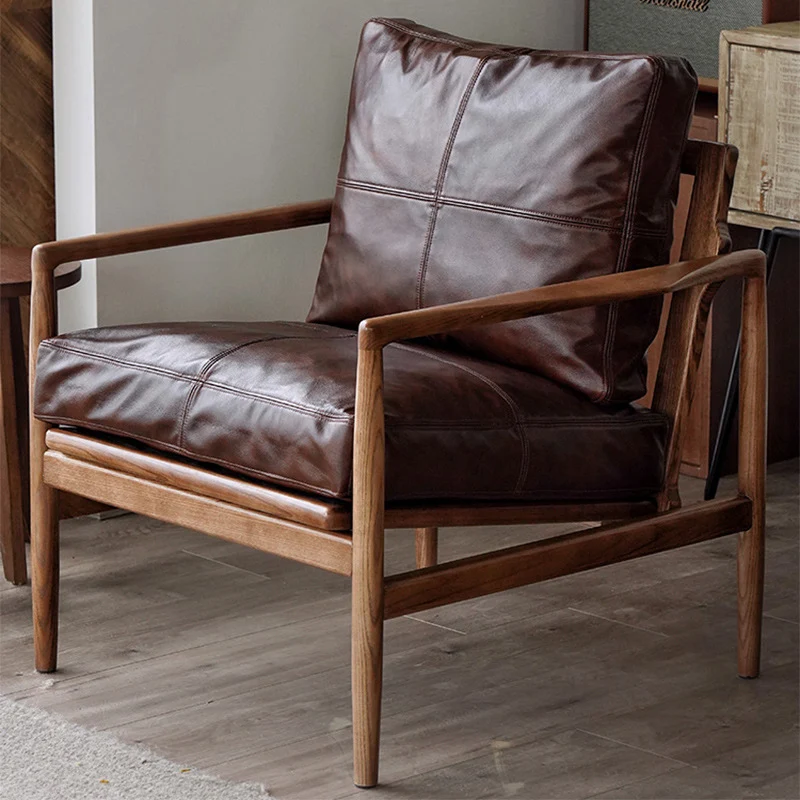 Traditional Japanese Faux Oil-Wax Leather Wood Square Straight-Edge Accent Chair With Backrest Armrests For Bedroom & Living Room