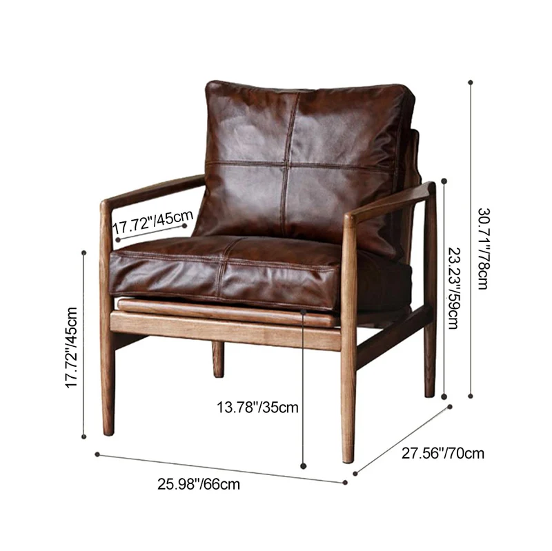 Traditional Japanese Faux Oil-Wax Leather Wood Square Straight-Edge Accent Chair With Backrest Armrests For Bedroom & Living Room