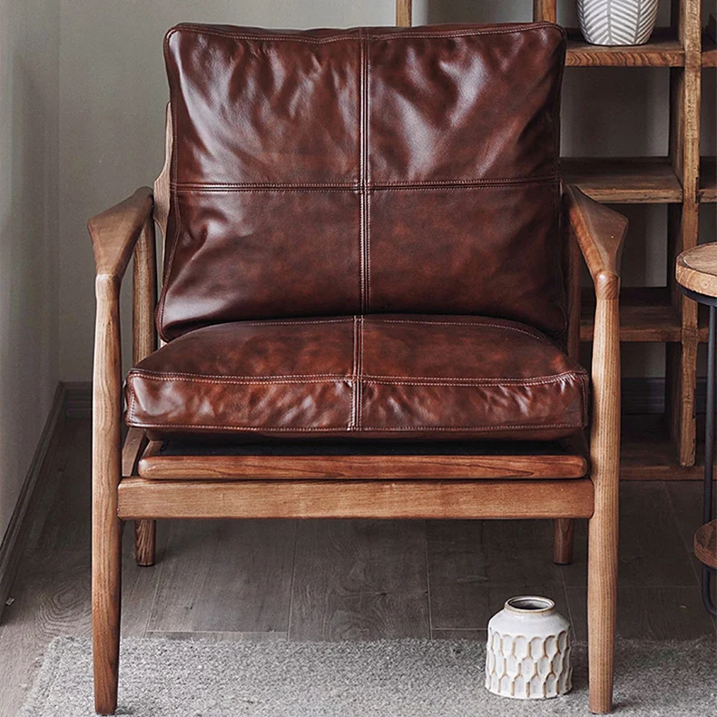 Traditional Japanese Faux Oil-Wax Leather Wood Square Straight-Edge Accent Chair With Backrest Armrests For Bedroom & Living Room
