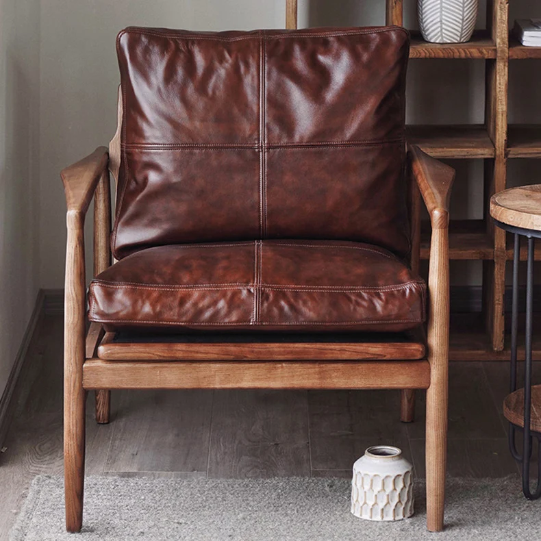 Traditional Japanese Faux Oil-Wax Leather Wood Square Straight-Edge Accent Chair With Backrest Armrests For Bedroom & Living Room