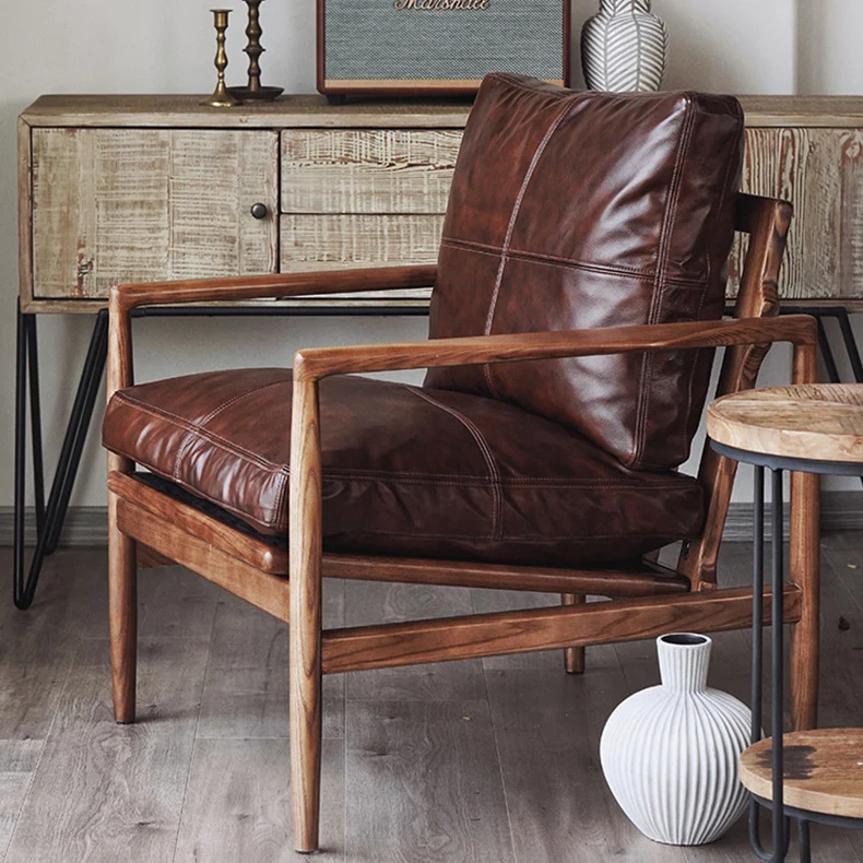 Traditional Japanese Faux Oil-Wax Leather Wood Square Straight-Edge Accent Chair With Backrest Armrests For Bedroom & Living Room