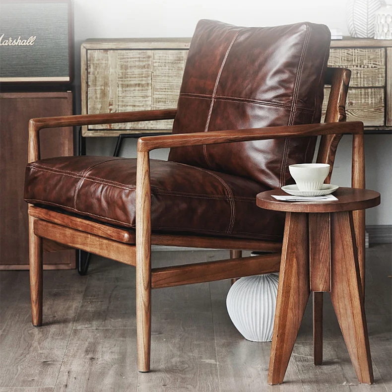 Traditional Japanese Faux Oil-Wax Leather Wood Square Straight-Edge Accent Chair With Backrest Armrests For Bedroom & Living Room