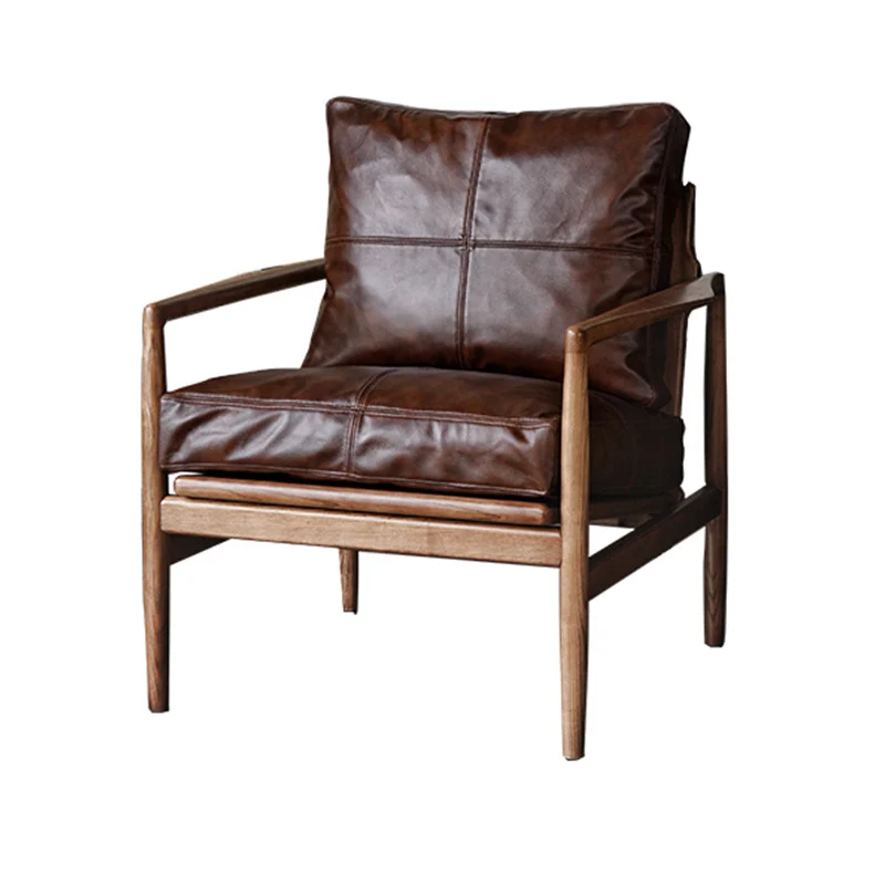 Traditional Japanese Faux Oil-Wax Leather Wood Square Straight-Edge Accent Chair With Backrest Armrests For Bedroom & Living Room