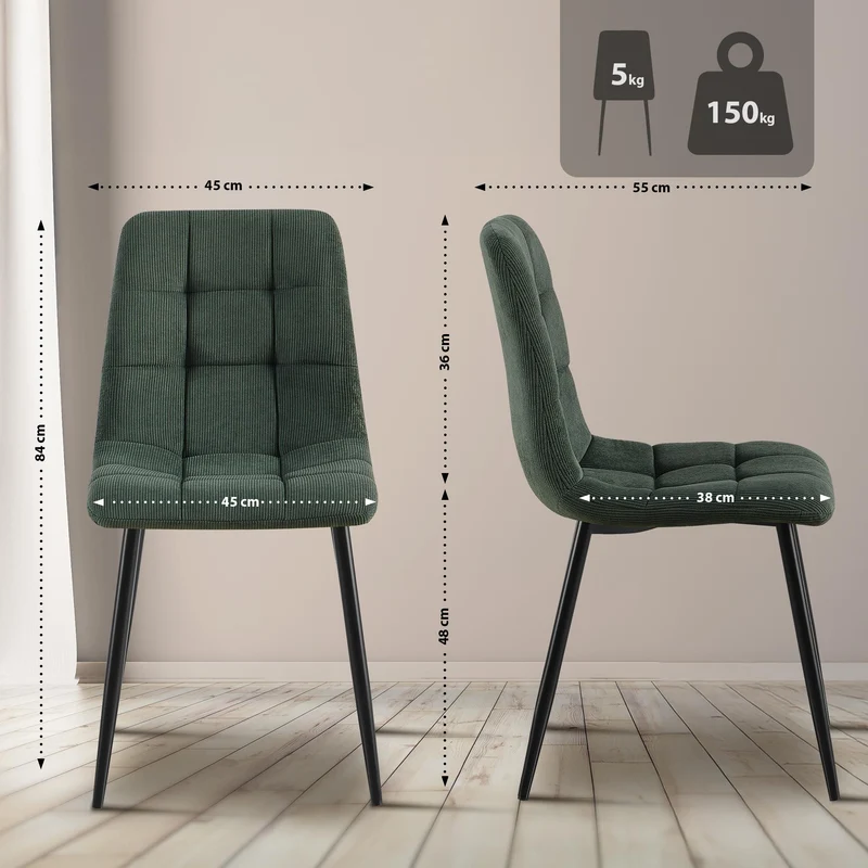 Chaise de salle à manger x1 coutures décoratives carrées en velours côtelé vert et métal noir 10_0007259
