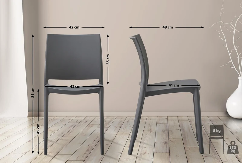 Lot de 2 chaises de jardin empilable dossier incurvé à quatre pieds stable en plastique gris foncé 10_0007909