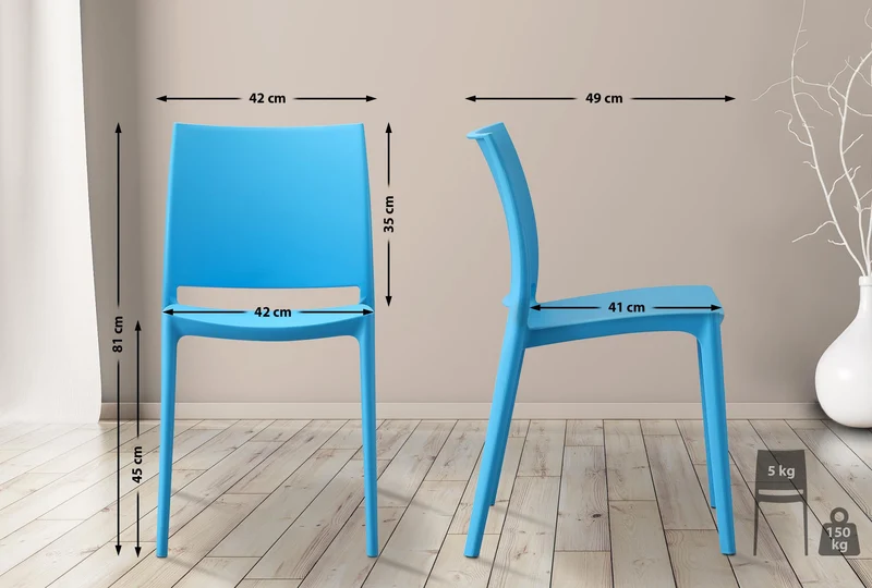 Chaise de jardin empilable dossier incurvé à quatre pieds stable en plastique bleu 10_0007888