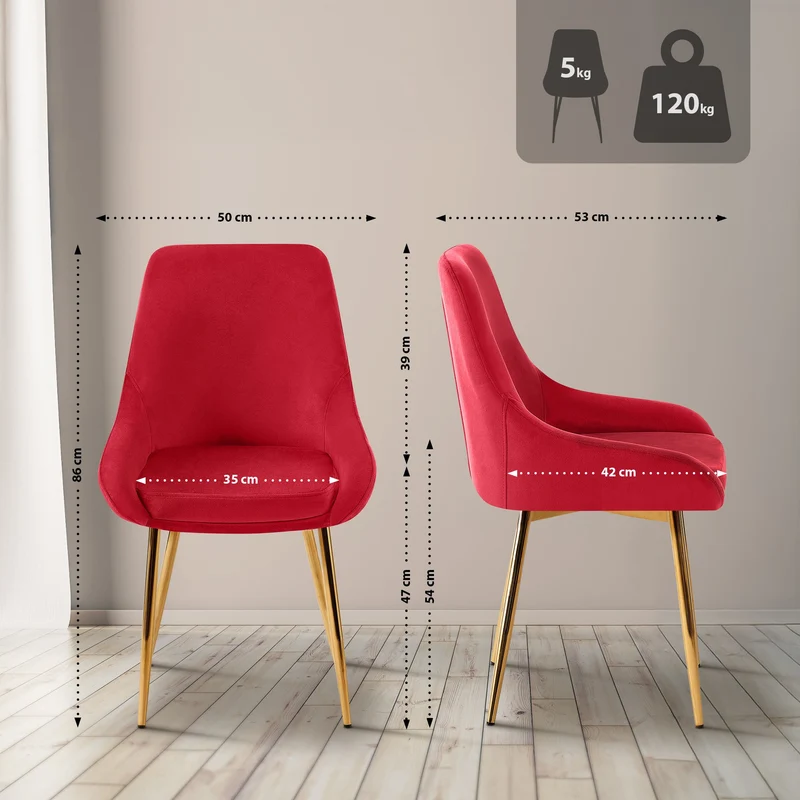 Chaise de salle à manger x1 élégance confort design moderne en velours rouge structure métallique doré 10_0007801