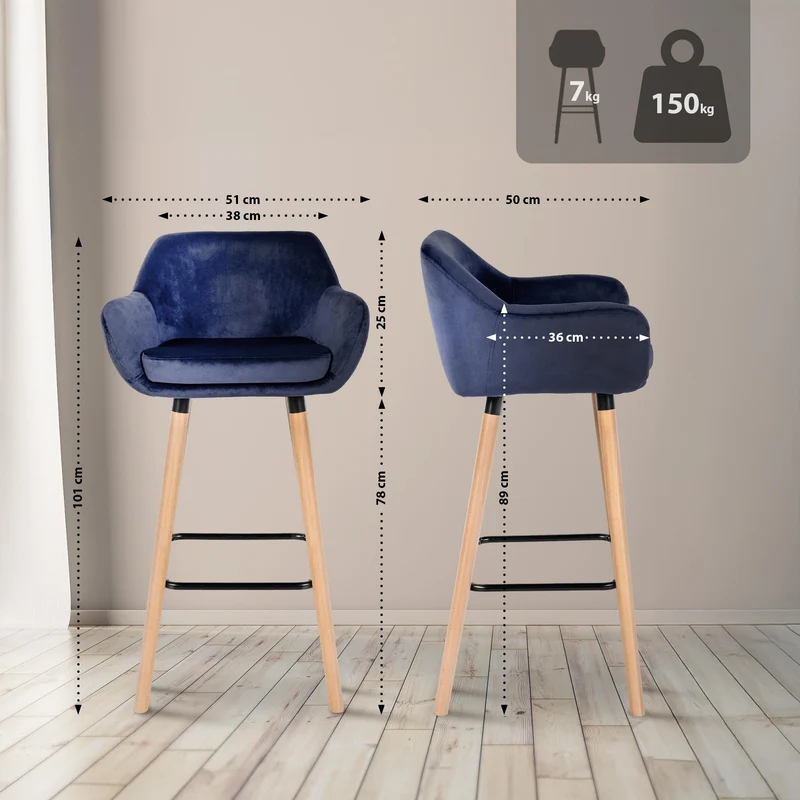 Tabouret de bar lounge x1 design scandinave assise en tissu bleu foncé pieds en bois repose-pieds en métal 10_0006834