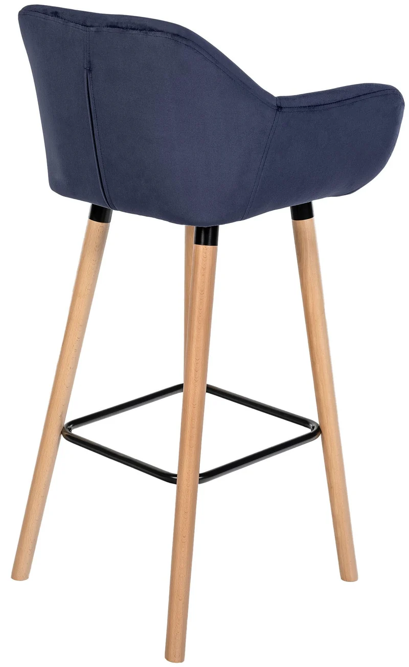 Tabouret de bar lounge x1 design scandinave assise en tissu bleu foncé pieds en bois repose-pieds en métal 10_0006834