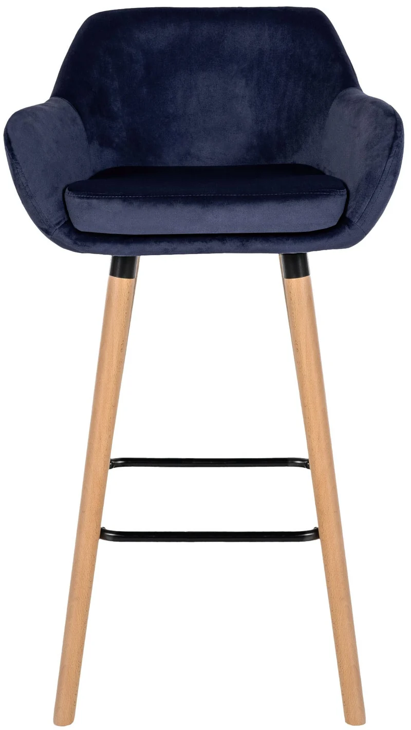 Tabouret de bar lounge x1 design scandinave assise en tissu bleu foncé pieds en bois repose-pieds en métal 10_0006834