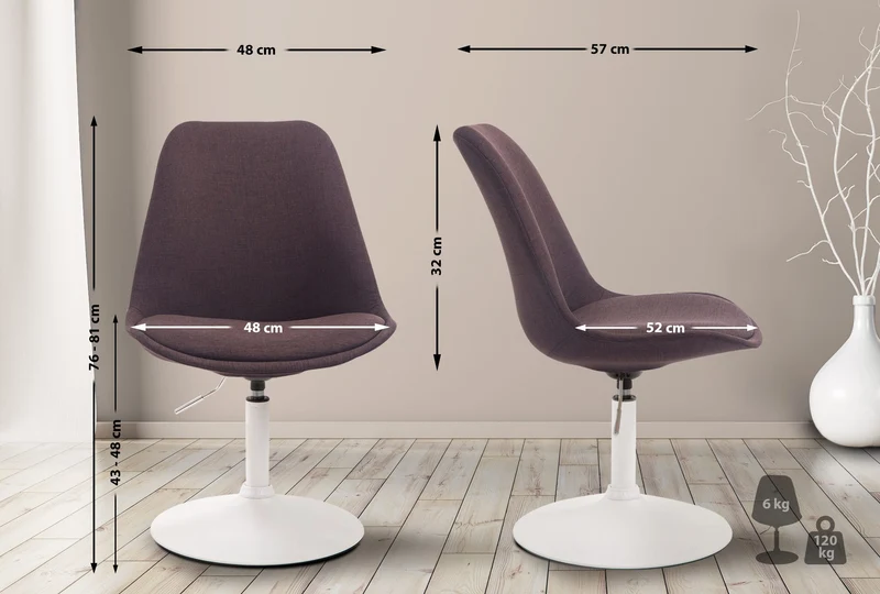Chaise de salle à manger x1 pivotante hauteur réglable en velours marron et pied trompette en métal blanc 10_0008276