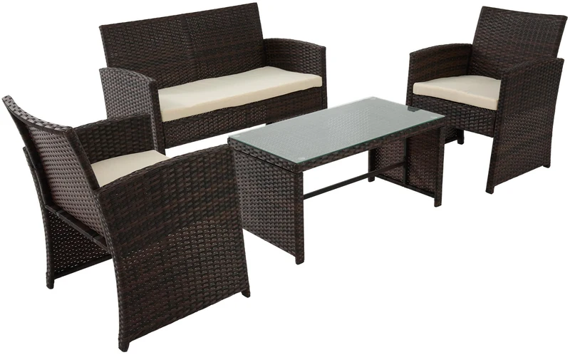 Ensemble salon de jardin 4 places en résine tressée marron canapé fauteuils et table en verre 10_0007925
