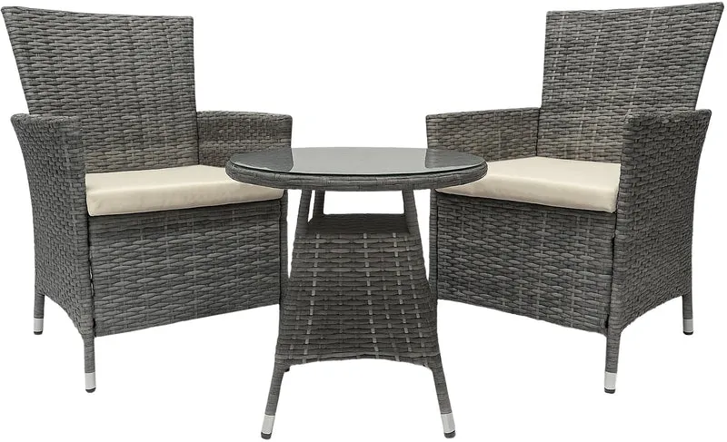 Ensemble de jardin extérieur 3 pièces – 2 fauteuils résine tressée gris chiné et table ronde en verre 10_0007921