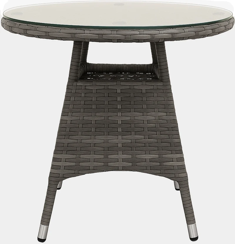 Ensemble de jardin extérieur 3 pièces – 2 fauteuils résine tressée gris chiné et table ronde en verre 10_0007921