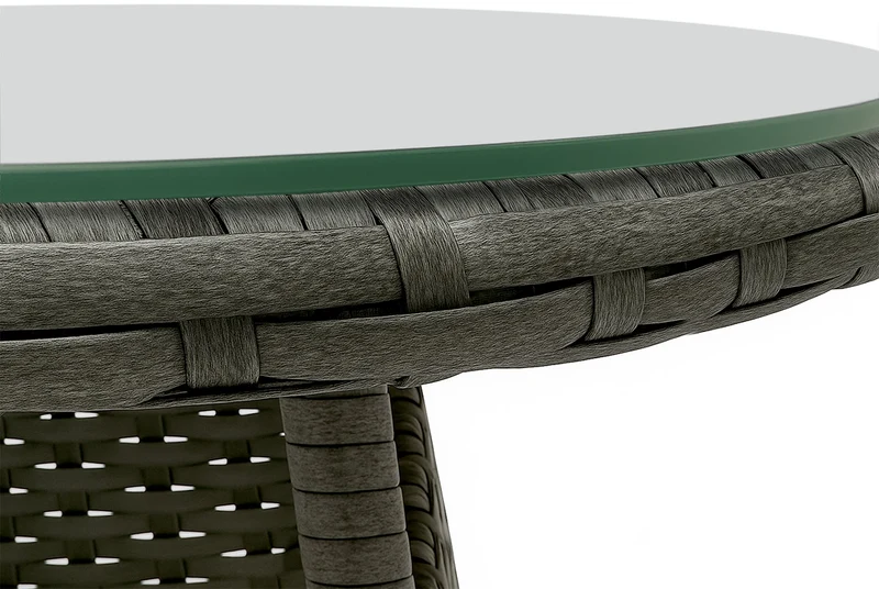 Ensemble de jardin extérieur 3 pièces – 2 fauteuils résine tressée gris chiné et table ronde en verre 10_0007921