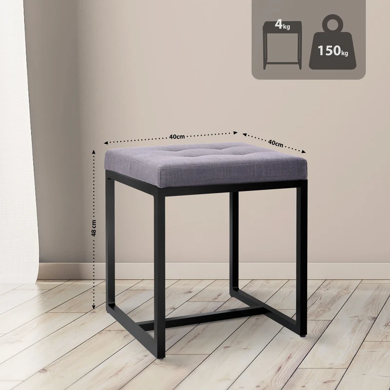 Banc d’entrée tabouret contemporain largeur 40cm à structure en métal noir assise capitonnée en tissu gris foncé 10_0005932