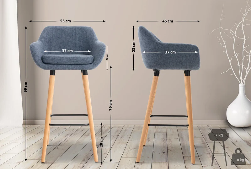 Tabouret de bar lounge x1 design scandinave assise en tissu bleu pieds en bois repose-pieds en métal 10_0004920