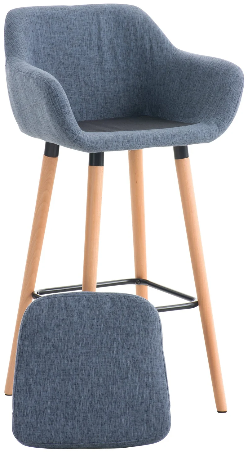 Tabouret de bar lounge x1 design scandinave assise en tissu bleu pieds en bois repose-pieds en métal 10_0004920