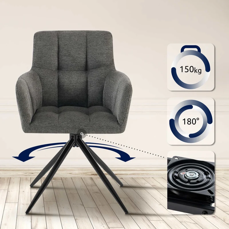 Chaise de salle à manger x1 moderne et confort mécanisme de rotation à 180° en tissu gris foncé et métal 10_0007156