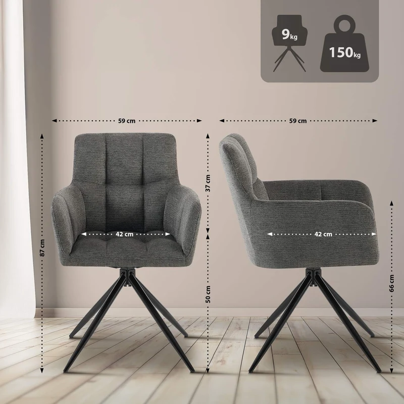 Chaise de salle à manger x1 moderne et confort mécanisme de rotation à 180° en tissu gris foncé et métal 10_0007156
