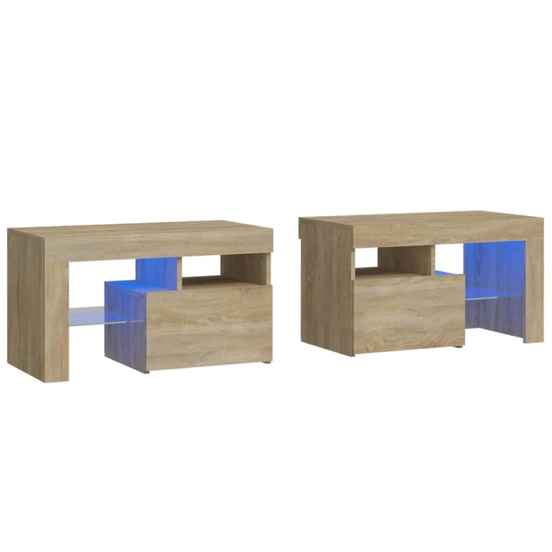 Lot de 2 tables de chevet avec lumières LED avec compartiment avec porte 70 x 36,5 x 40 cm bois d'ingénierie couleur chêne DEC035438