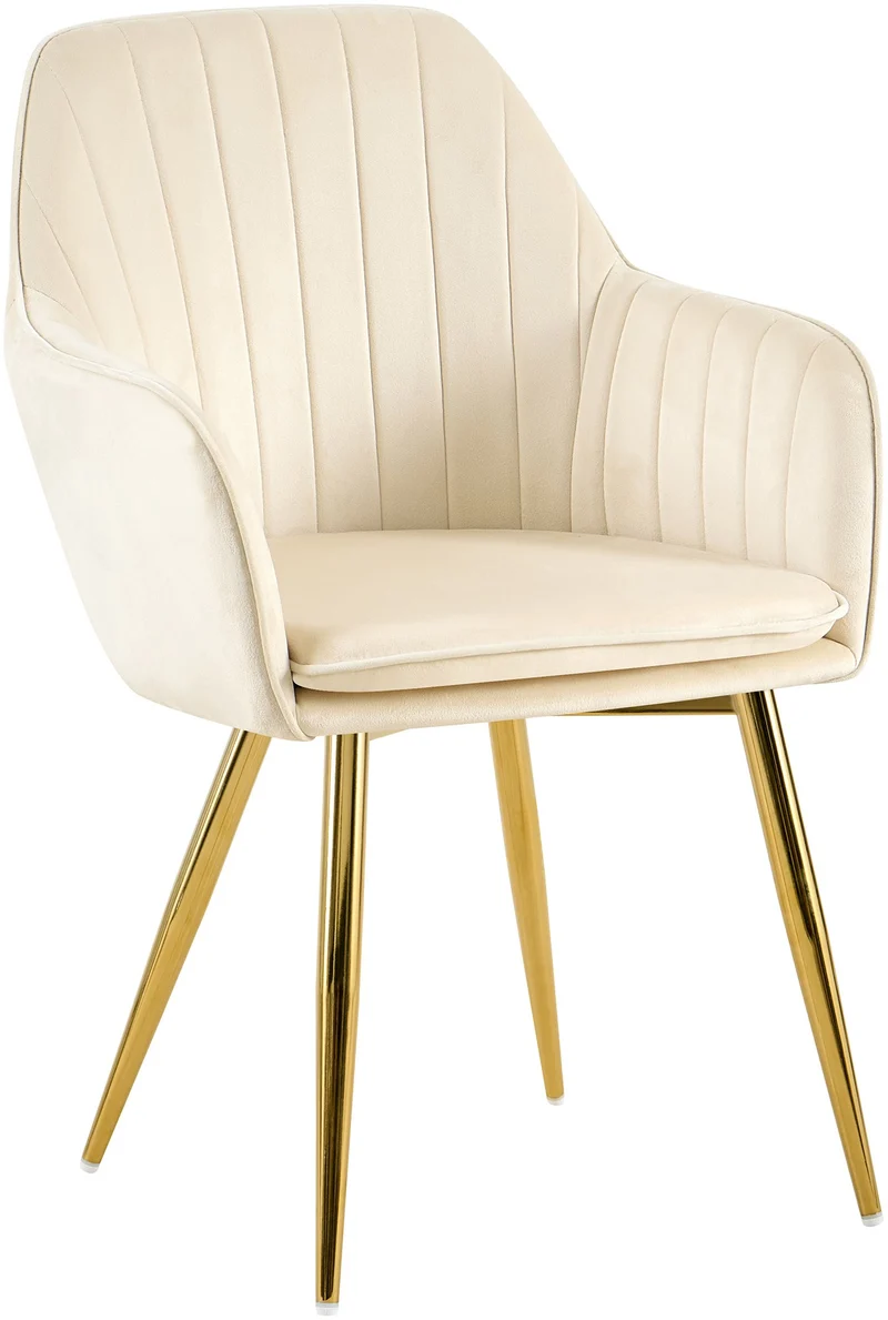 Fauteuil élégant en velours crème avec coutures verticales et pieds métal dorés 10_0007686