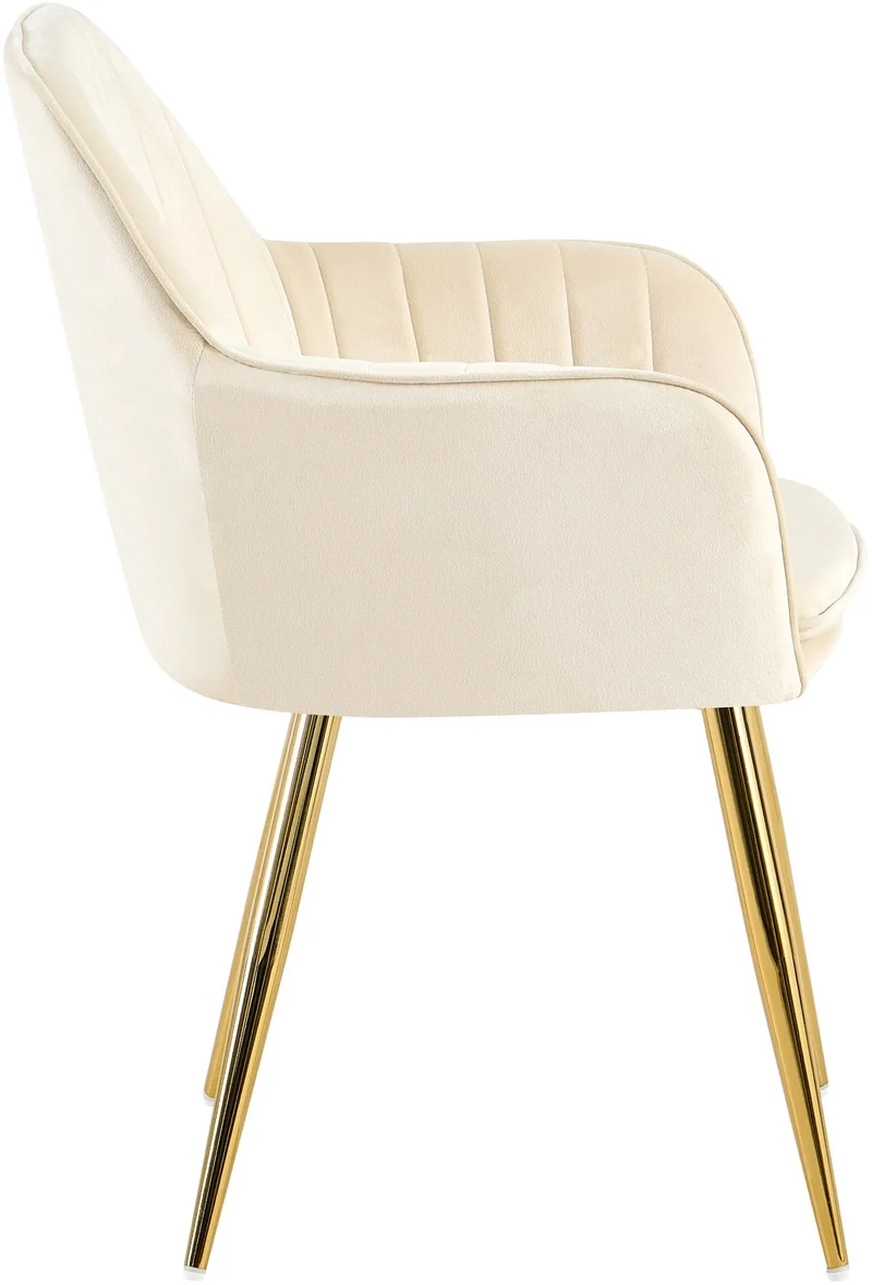 Fauteuil élégant en velours crème avec coutures verticales et pieds métal dorés 10_0007686