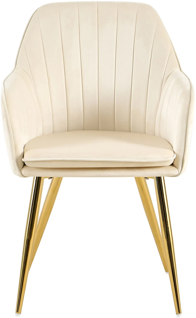 Fauteuil élégant en velours crème avec coutures verticales et pieds métal dorés 10_0007686