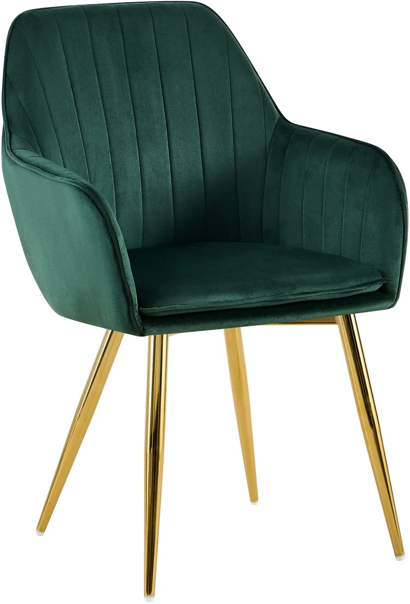 Fauteuil élégant en velours vert avec coutures verticales et pieds métal dorés 10_0007626