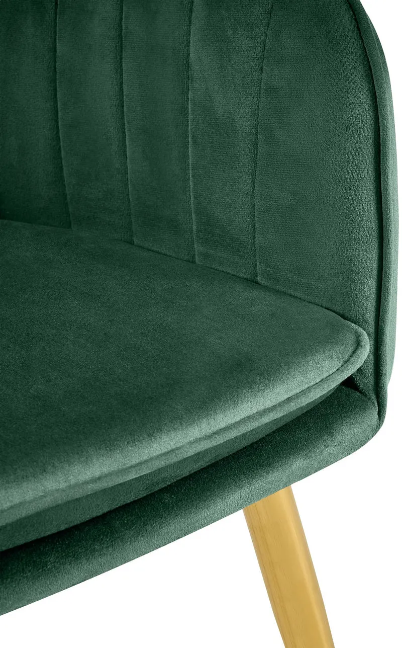 Fauteuil élégant en velours vert avec coutures verticales et pieds métal dorés 10_0007626