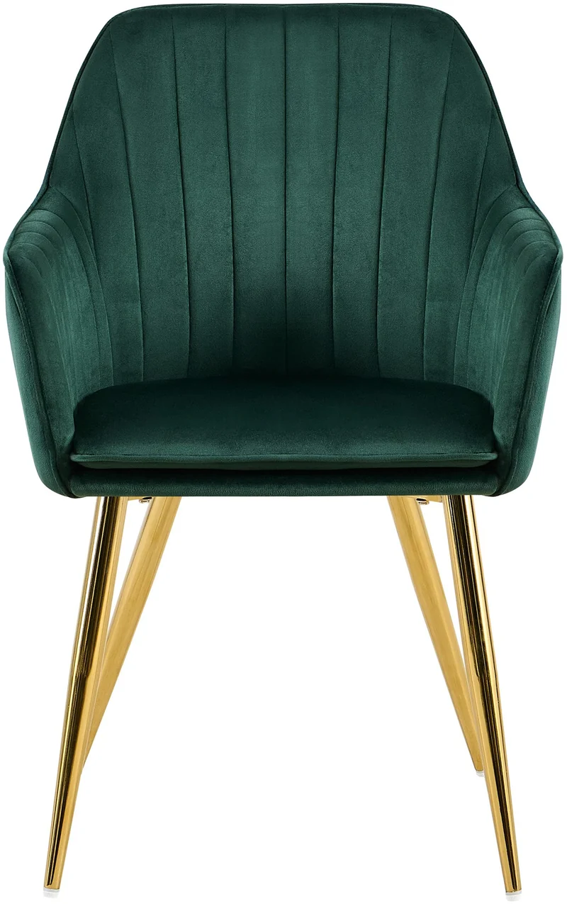 Fauteuil élégant en velours vert avec coutures verticales et pieds métal dorés 10_0007626