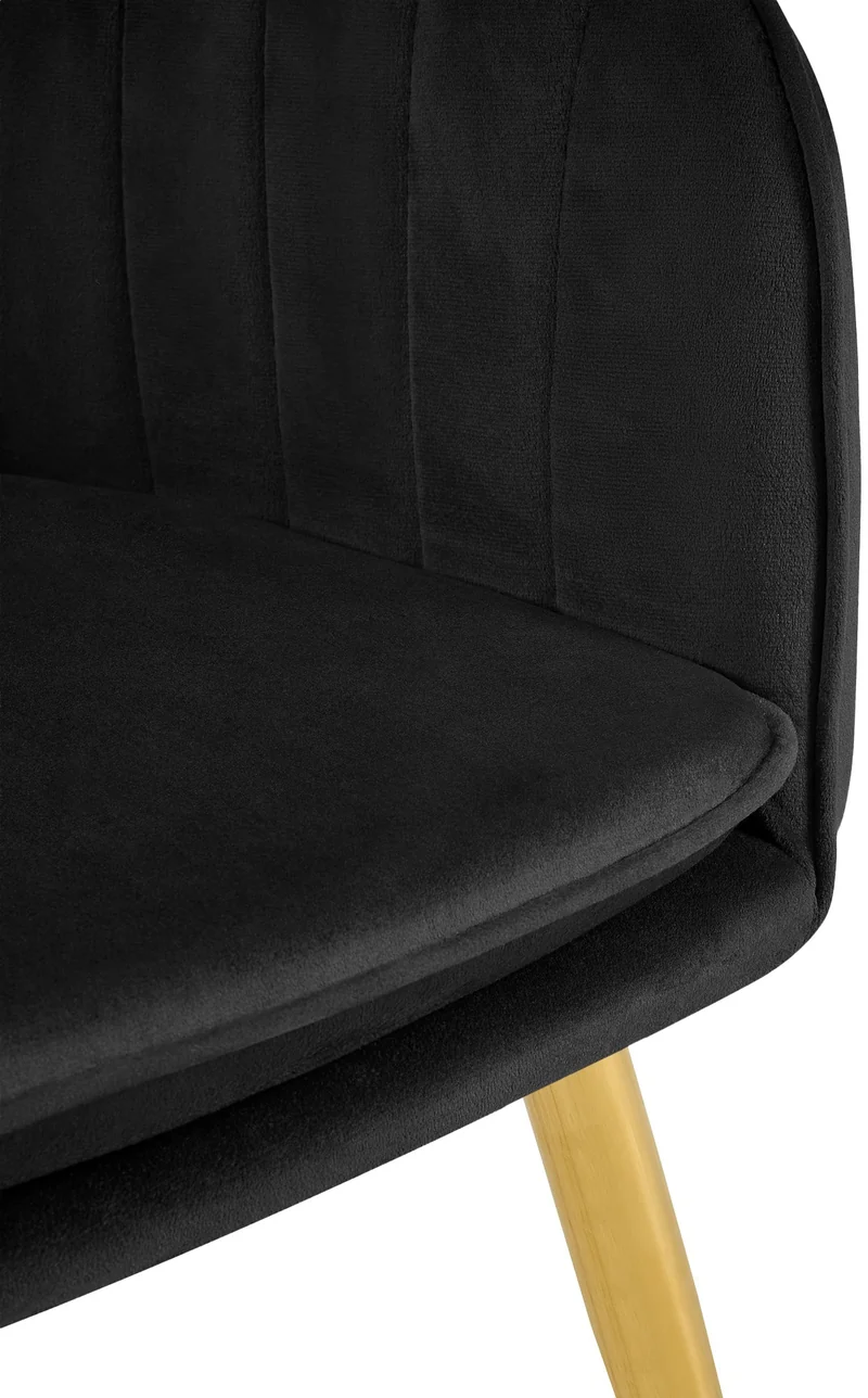 Fauteuil élégant en velours noir avec coutures verticales et pieds métal dorés 10_0007455