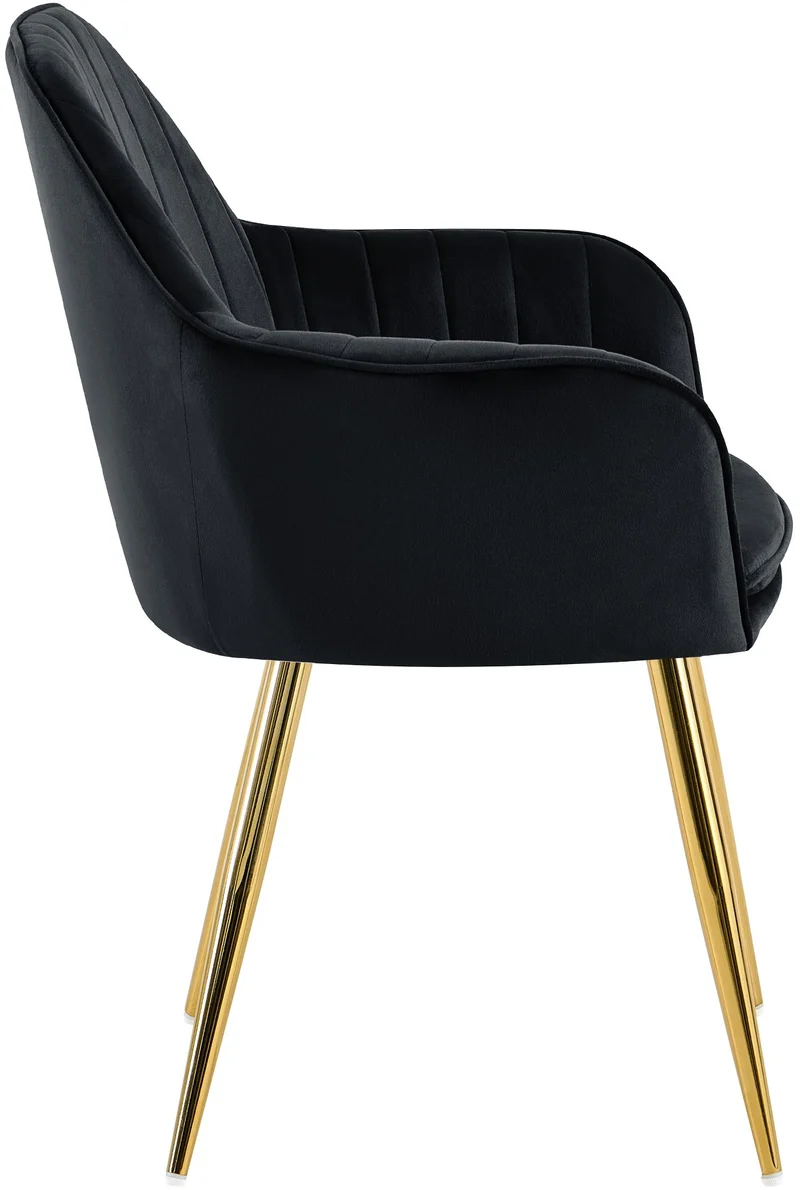 Fauteuil élégant en velours noir avec coutures verticales et pieds métal dorés 10_0007455