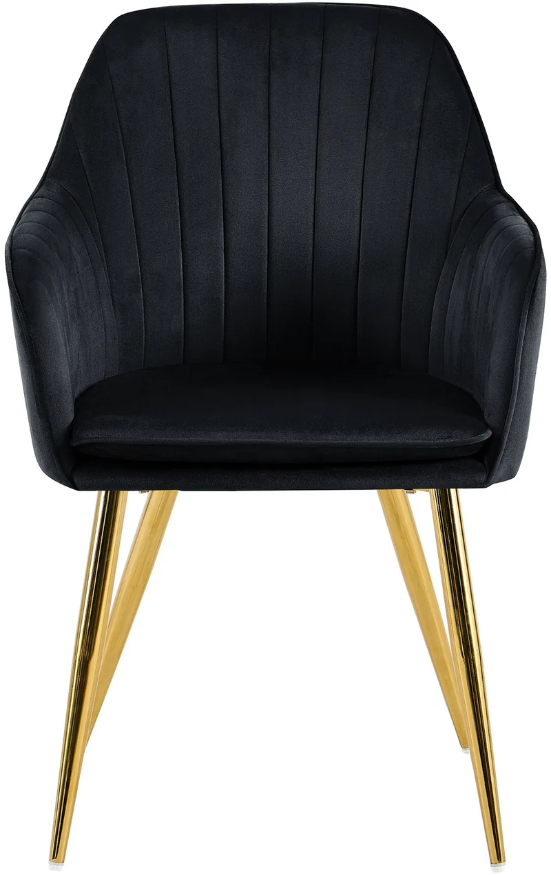 Fauteuil élégant en velours noir avec coutures verticales et pieds métal dorés 10_0007455