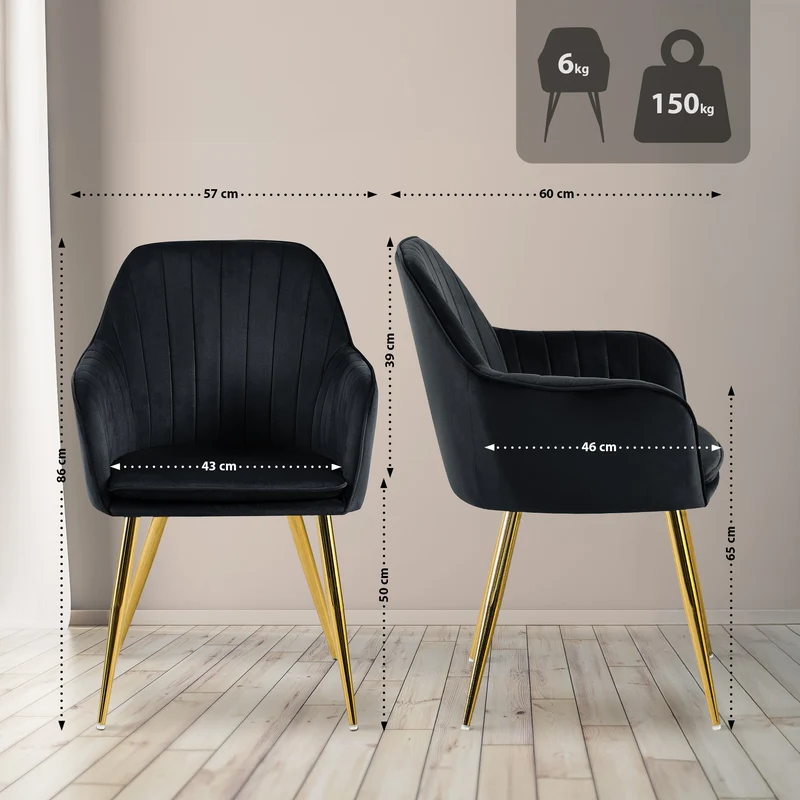 Fauteuil élégant en velours noir avec coutures verticales et pieds métal dorés 10_0007455