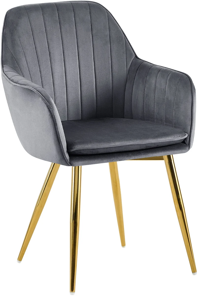 Fauteuil élégant en velours gris avec coutures verticales et pieds métal dorés 10_0007360