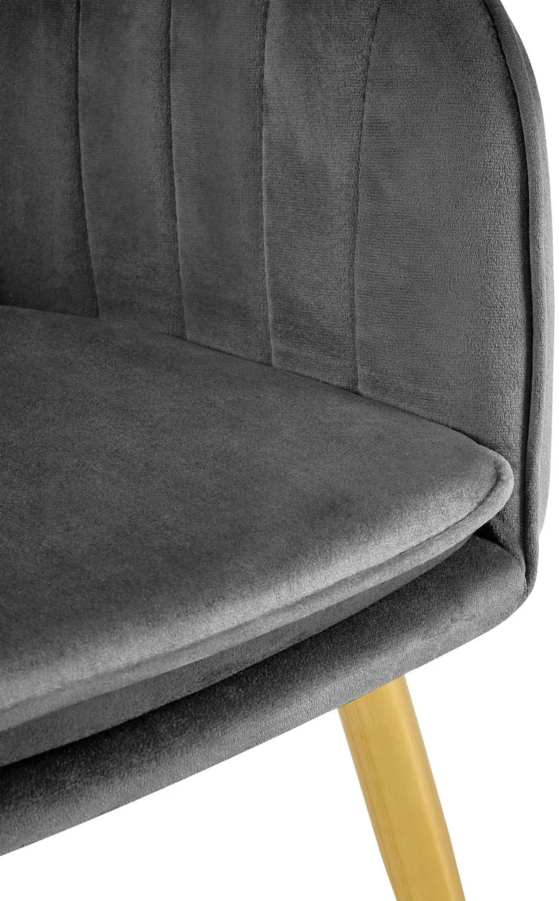 Fauteuil élégant en velours gris avec coutures verticales et pieds métal dorés 10_0007360
