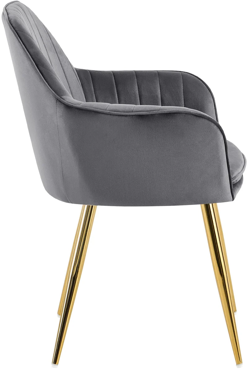 Fauteuil élégant en velours gris avec coutures verticales et pieds métal dorés 10_0007360