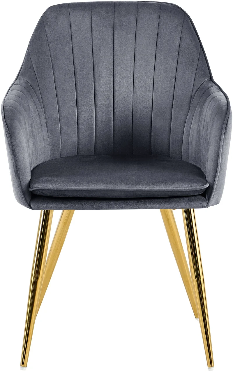 Fauteuil élégant en velours gris avec coutures verticales et pieds métal dorés 10_0007360